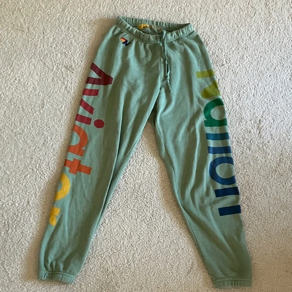 Aviator Nation Kids Sage Green Rainbow Logo Joggers - Picture 1 of 4